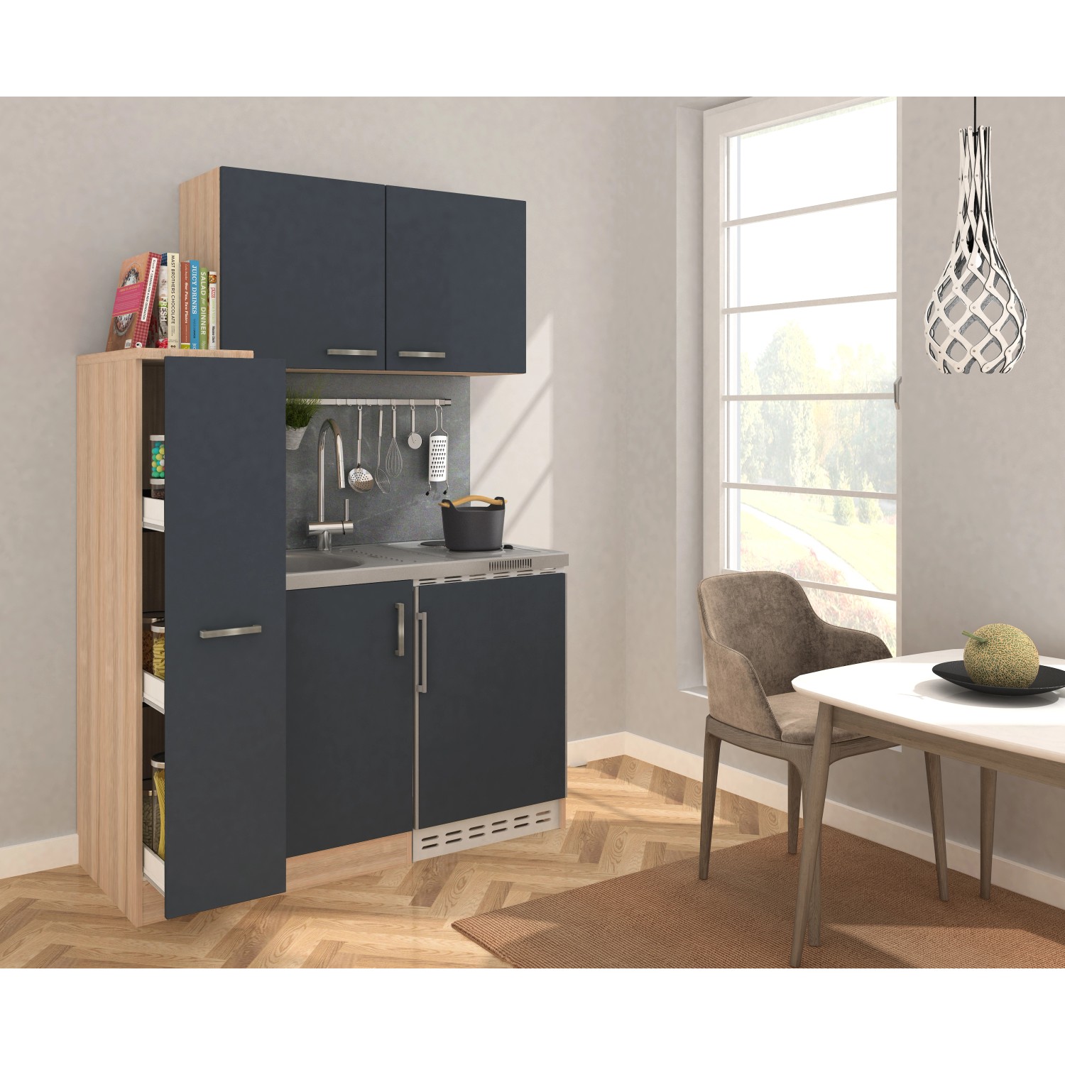 Respekta Kuchyně Levin šedá/dub 130 cm-nerez.var.deska/lednice UKS110/sp+h+p sk