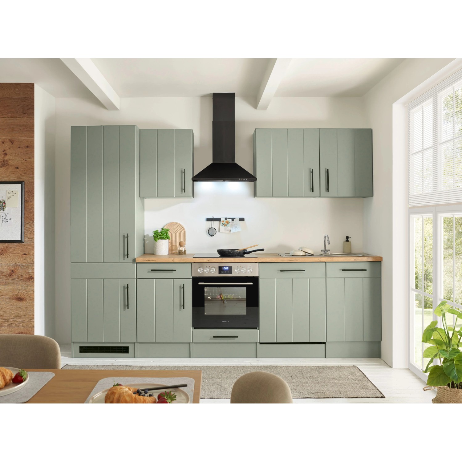 Respekta Kuchyně Anton zelená/dub divoký 280 cm-trouba+skl.d./myčka/dig./lednice