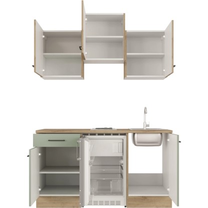 Flex-Well Cara Single Kuchyň, 150 cm, Rákosově zelená/Dub Artisan, s lednicí, varnou deskou a dřezem.