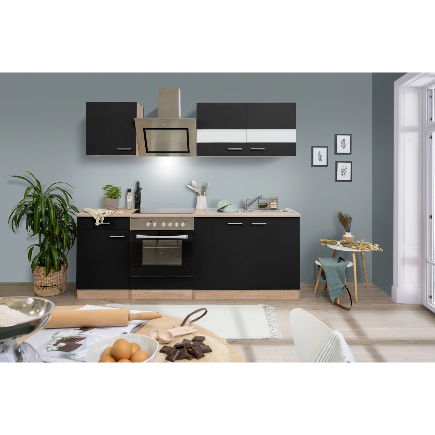 Respekta Kuchyně Merle černá/dub 210 cm-skl.deska/šikmá digestoř/myčka