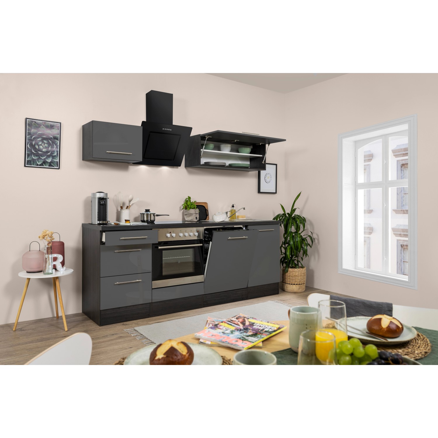 Respekta Kuchyně Amanda šedá/dub 220 cm - trouba+sklok.d./šikmá digestoř/myčka