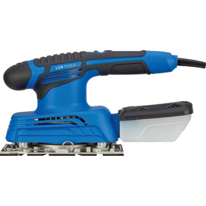 Modrá vibrační bruska LUX E-SWS-280 s prachovým boxem pro broušení.