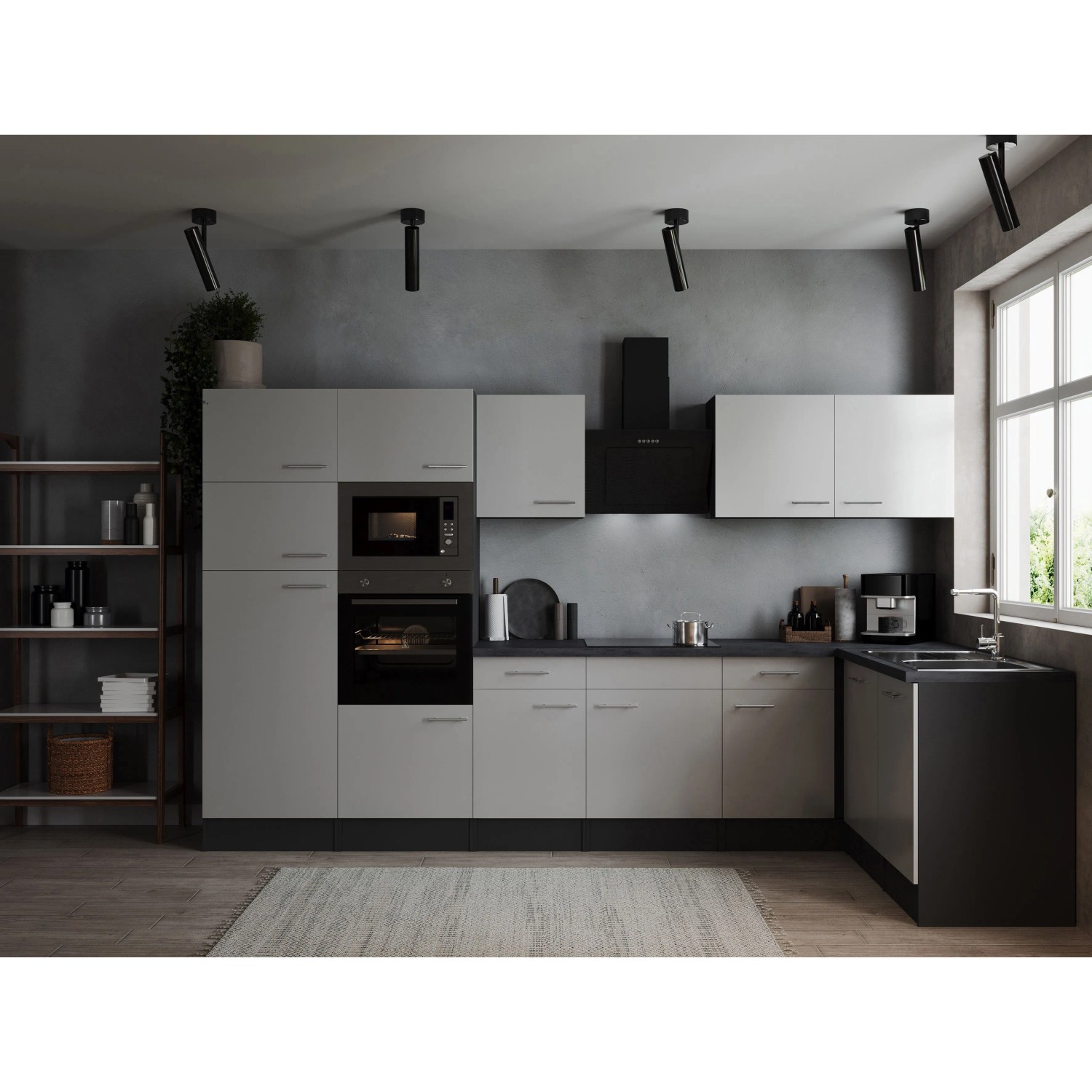 Respekta Kuchyně Oliver L bílá/žula 340 cm-trouba/skl.deska/dig./myčka/led./mik.