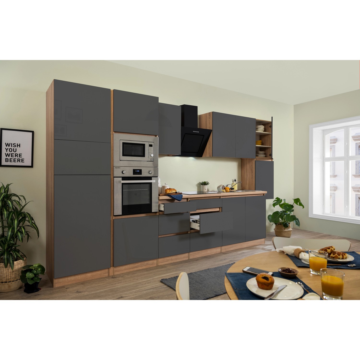 Respekta Kuchyně Lorena šedá/dub 385 cm-trouba/skl.d./digestoř/lednice/mikr.
