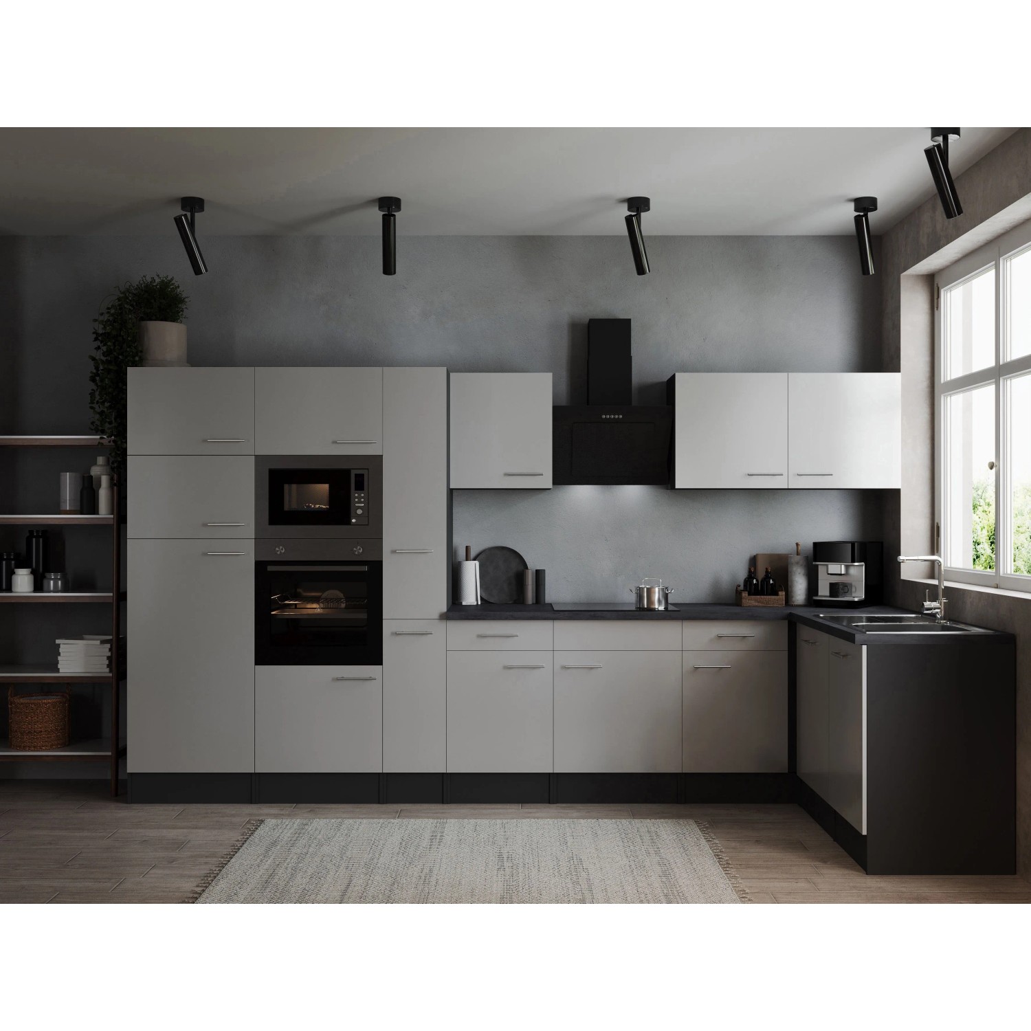 Respekta Kuchyně Oliver L bílá/žula 370 cm-trouba/skl.deska/dig./myčka/led./mik.