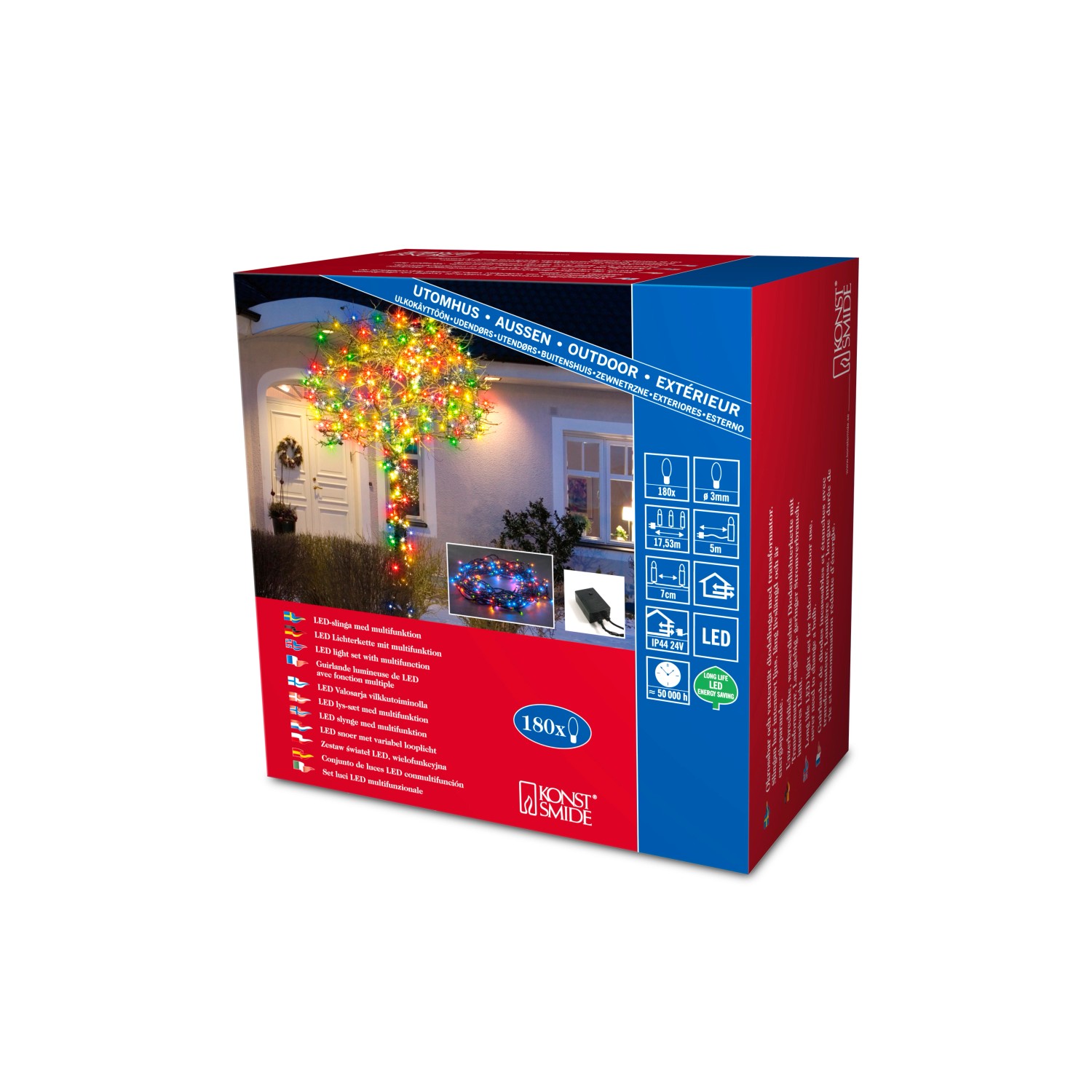 Konstsmide světelný řetěz s mikro LED žárovkami, 180 LED, pestré, multifunkční