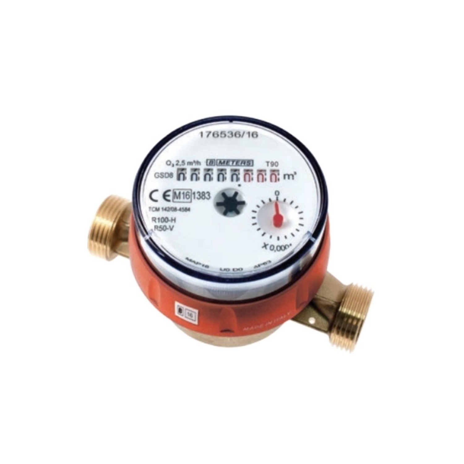 Bytový vodoměr na teplou vodu 8 místný 90 stupňů