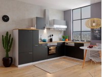 Respekta Kuchyně Malia L černá/ořech 310 cm-skl.d./kom.digestoř/myčka/lednice