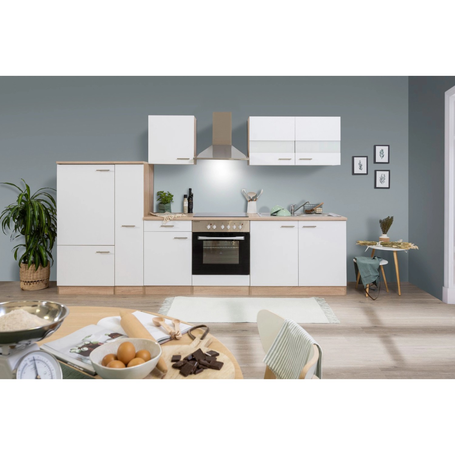 Respekta Kuchyně Merle bílá/dub 300 cm-skl.deska/komín.digestoř/lednice