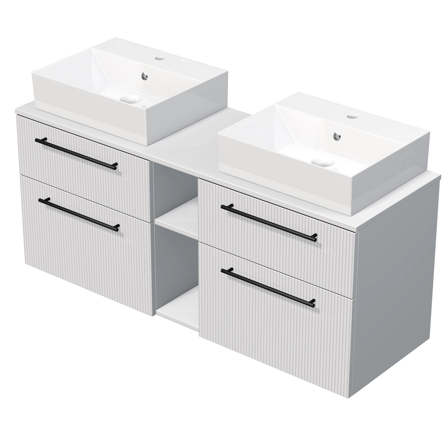 INTEDOOR Skříň+2umyvadla BEE, úchyt černý, š.140cm, regál střed, bílá 3D pruhy