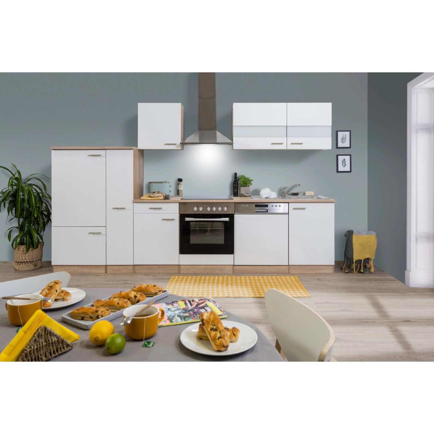 Respekta Kuchyně Merle bílá/dub 310 cm-skl.deska/komín.digestoř/myčka/lednice