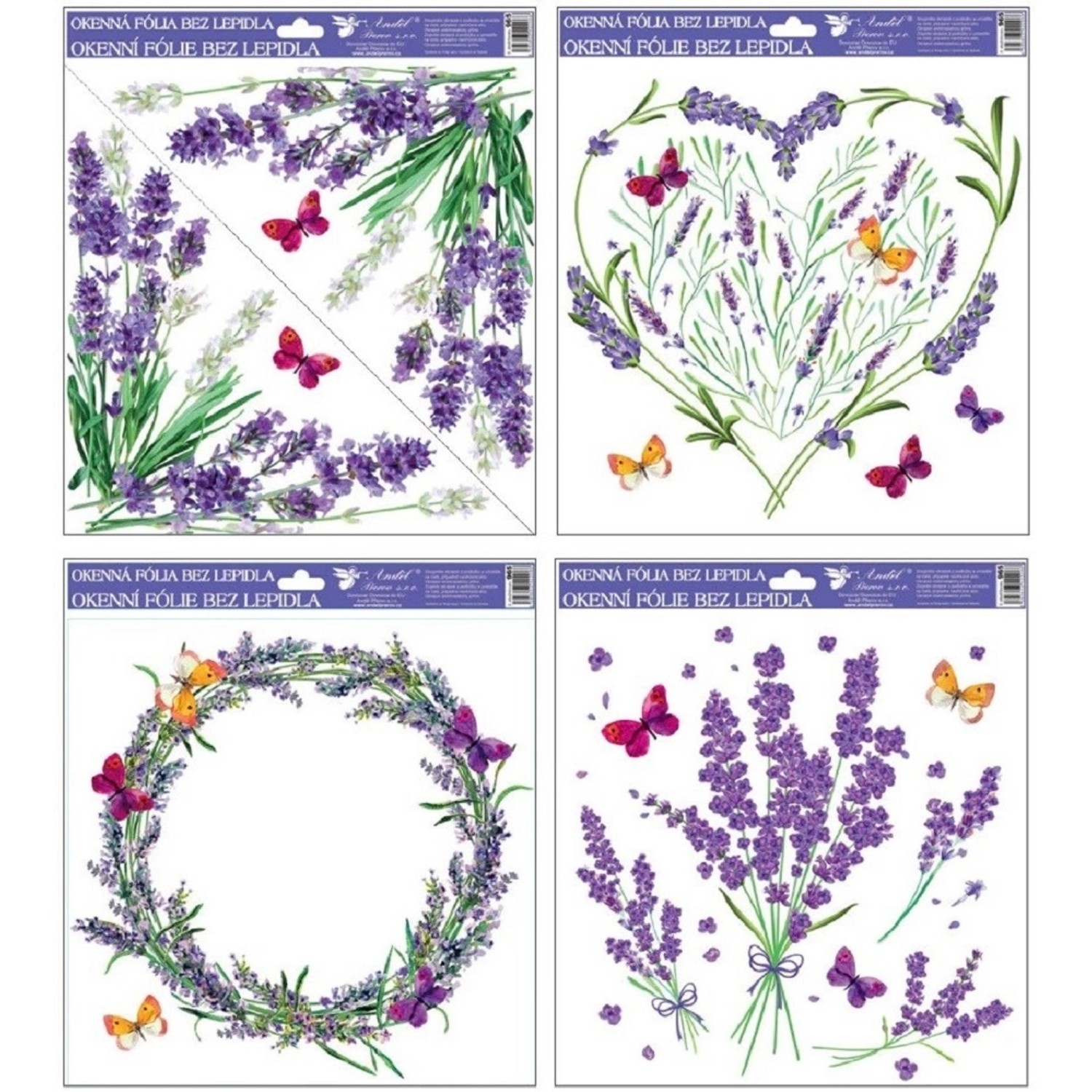 Okenní fólie 30x30 cm, levandule srdce s motýly