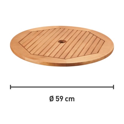 Kulatá, hnědá deska zahradního stolu Greenville, Ø 59 cm, s otvorem pro slunečník.