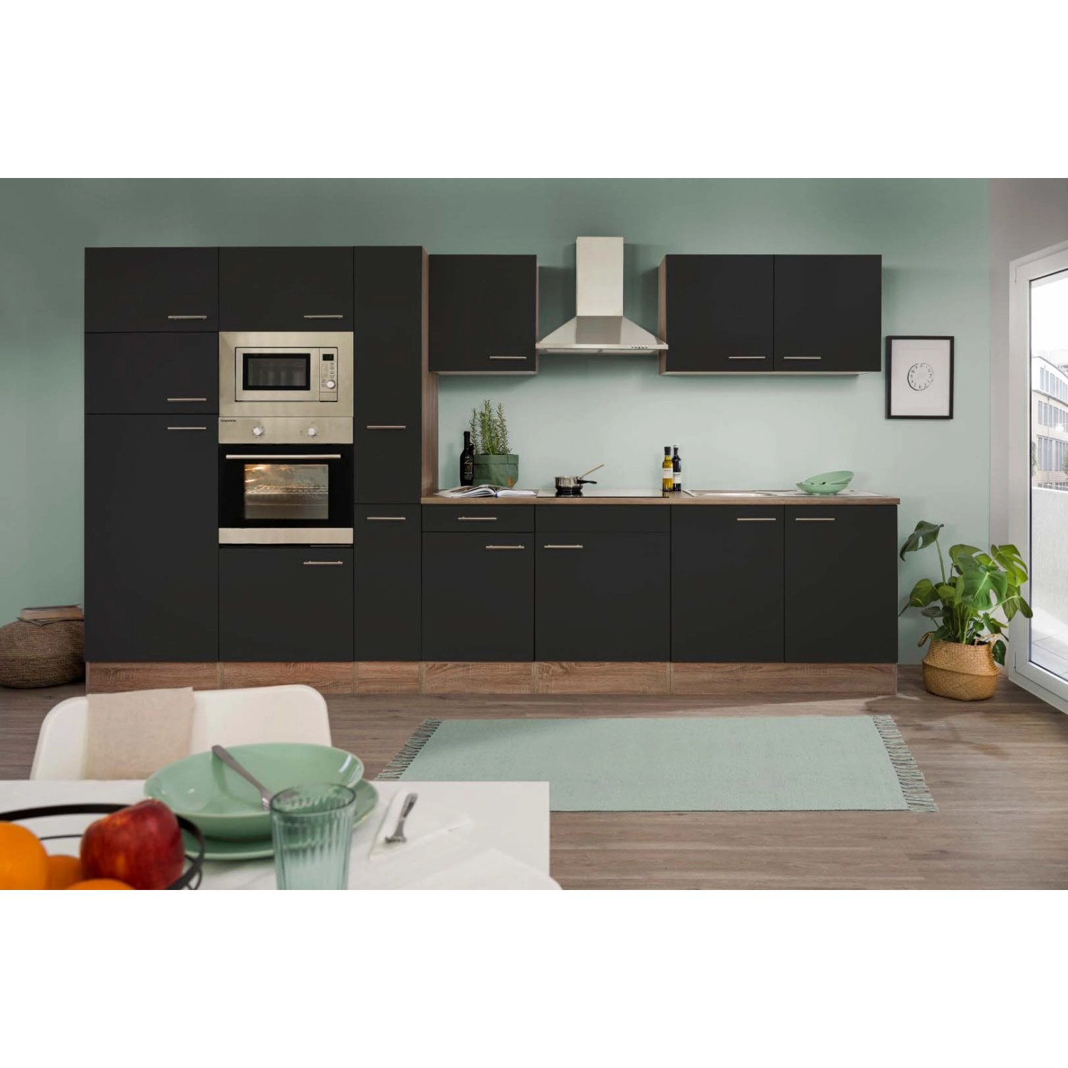 Respekta Kuchyně Oliver černá - hedvábně lesklá/dub 360 cm - Bez el. přístrojů