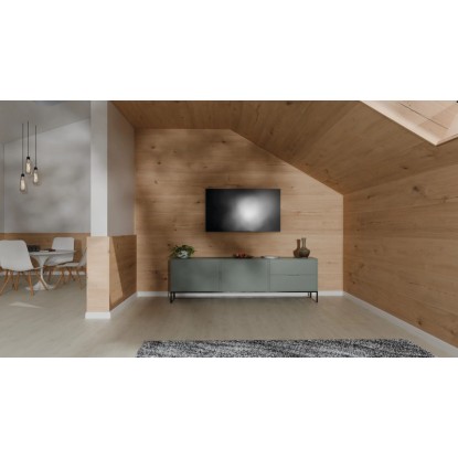 Obývací pokoj s ohybnou lištou Egger Decowall FL009 Esbjerg ve světle hnědé barvě jako obklad stěn.