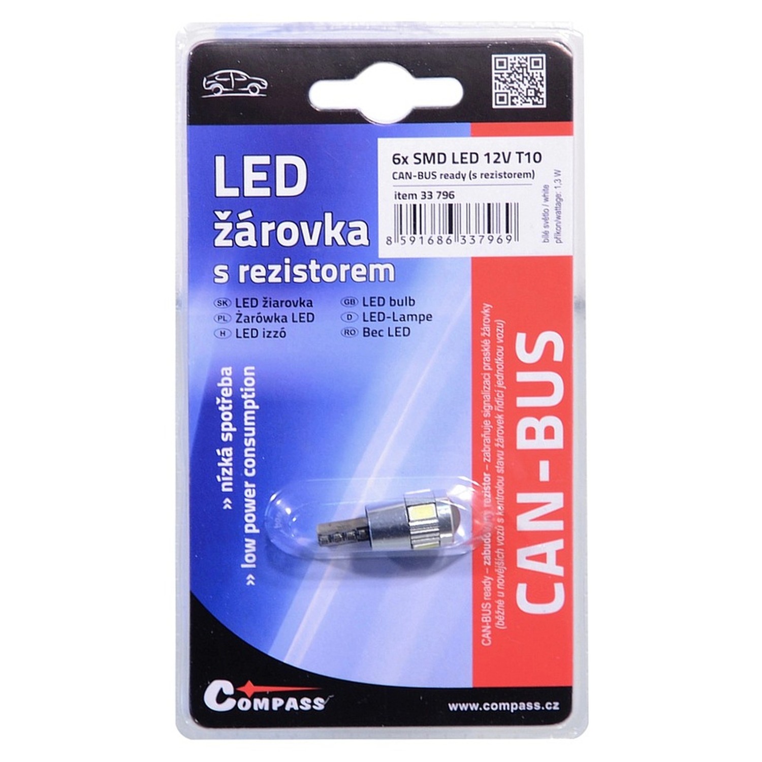 Compass Autožárovka LED 6 SMD CAN-BUS T10