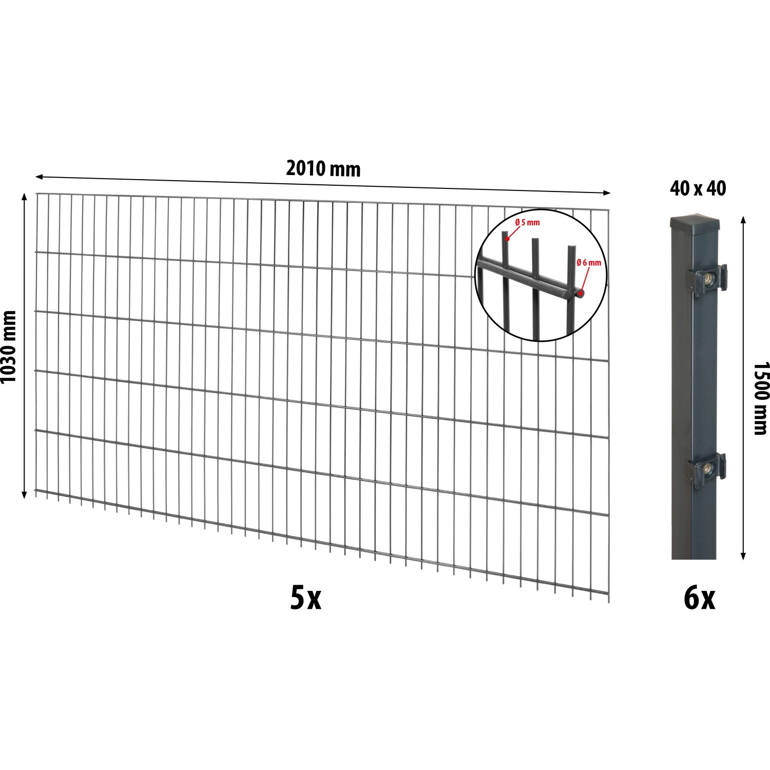 Floraworld Kompletní plotový set 2prut. sl.4x4 zabet., antracit, 103 cm, 10 m