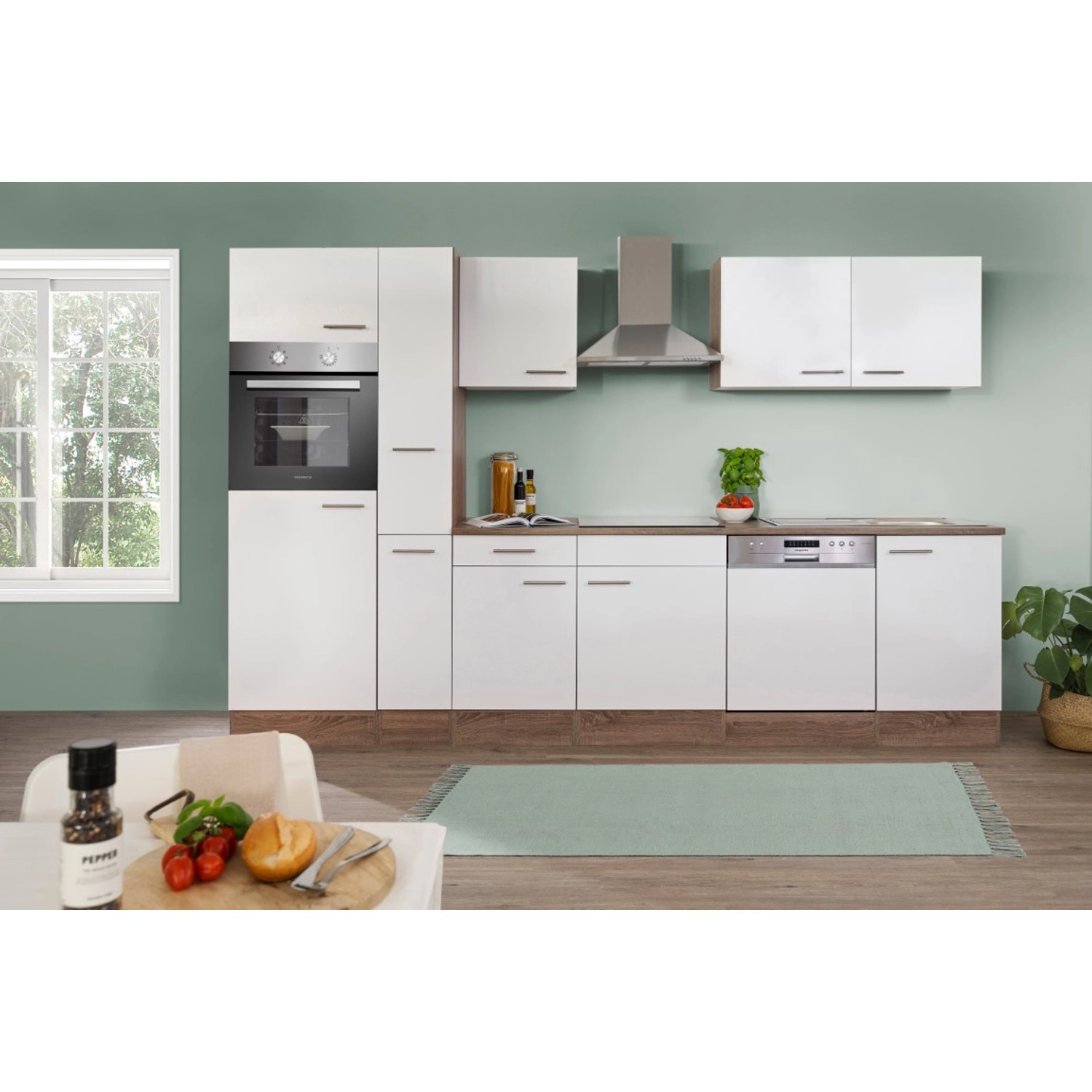 Respekta Kuchyně Oliver bílá/dub 310 cm-trouba/skl.deska/digestoř/lednice/myčka