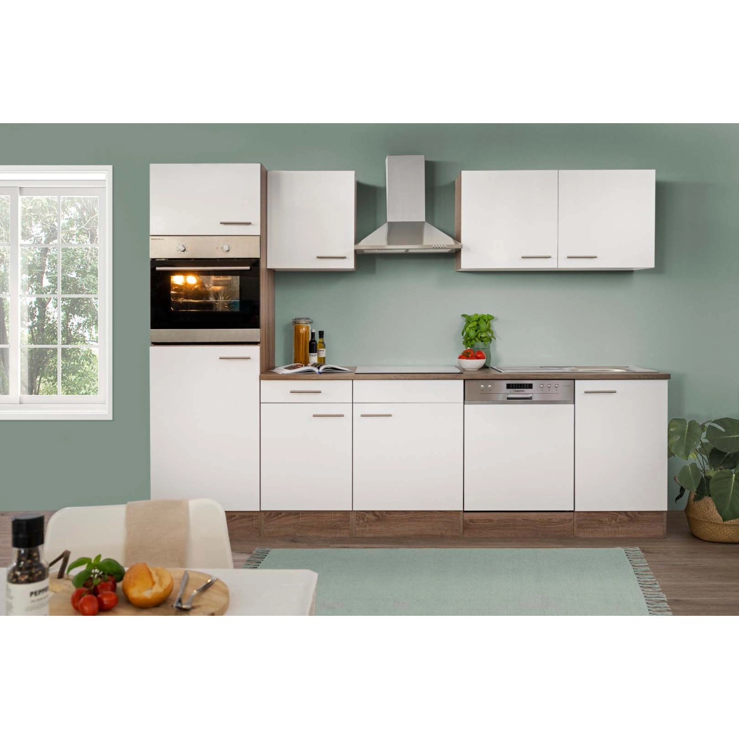 Respekta Kuchyně Oliver bílá - hedvábně lesklá/dub 280 cm - Bez el. přístrojů