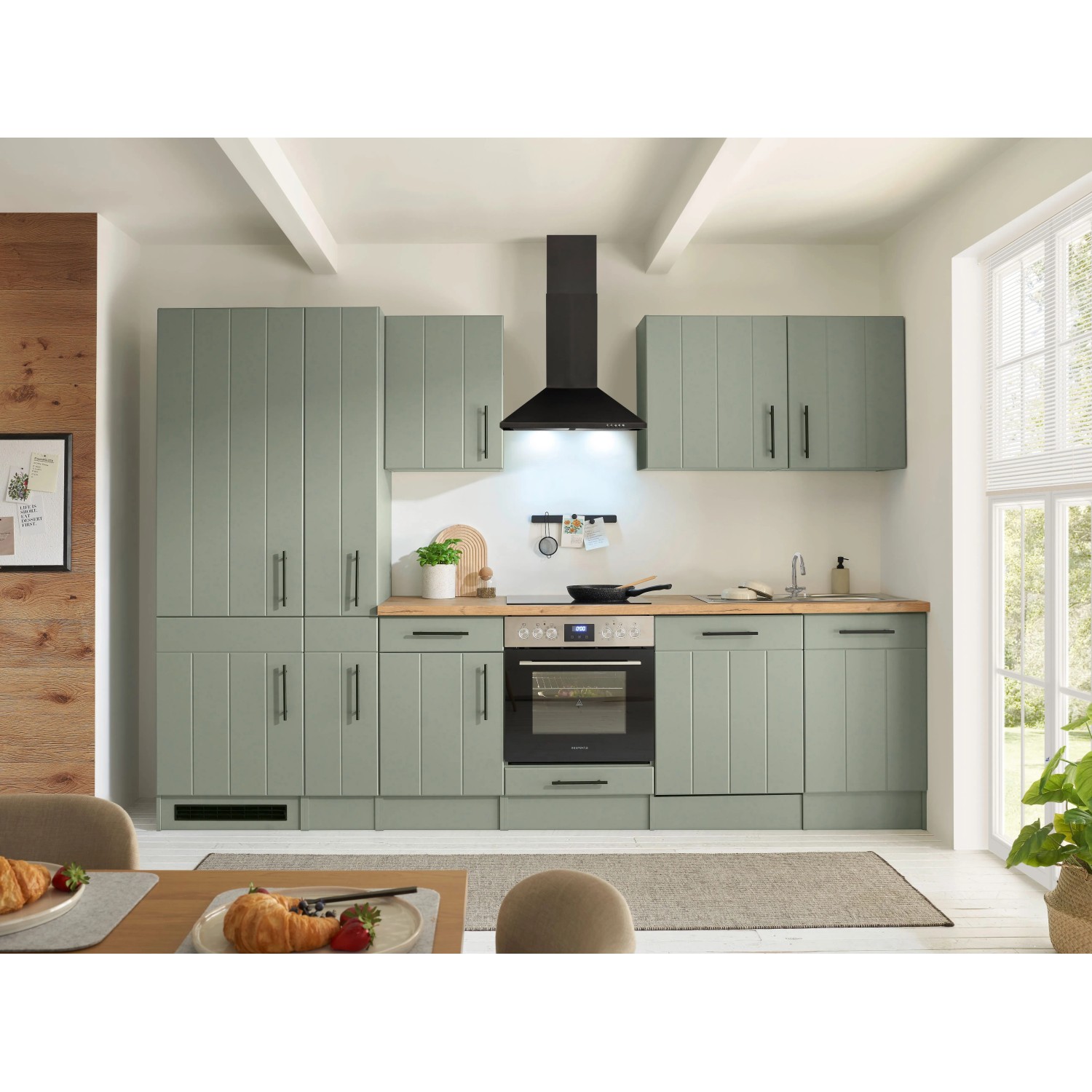 Respekta Kuchyně Anton zelená/dub divoký 310 cm-trouba+skl.d./myčka/dig./lednice