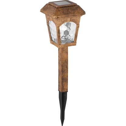 Hnědý LED solární kolík ve vintage vzhledu do zahrady. Dekorativní světlo se zemním hrotem, výška cca 37 cm.