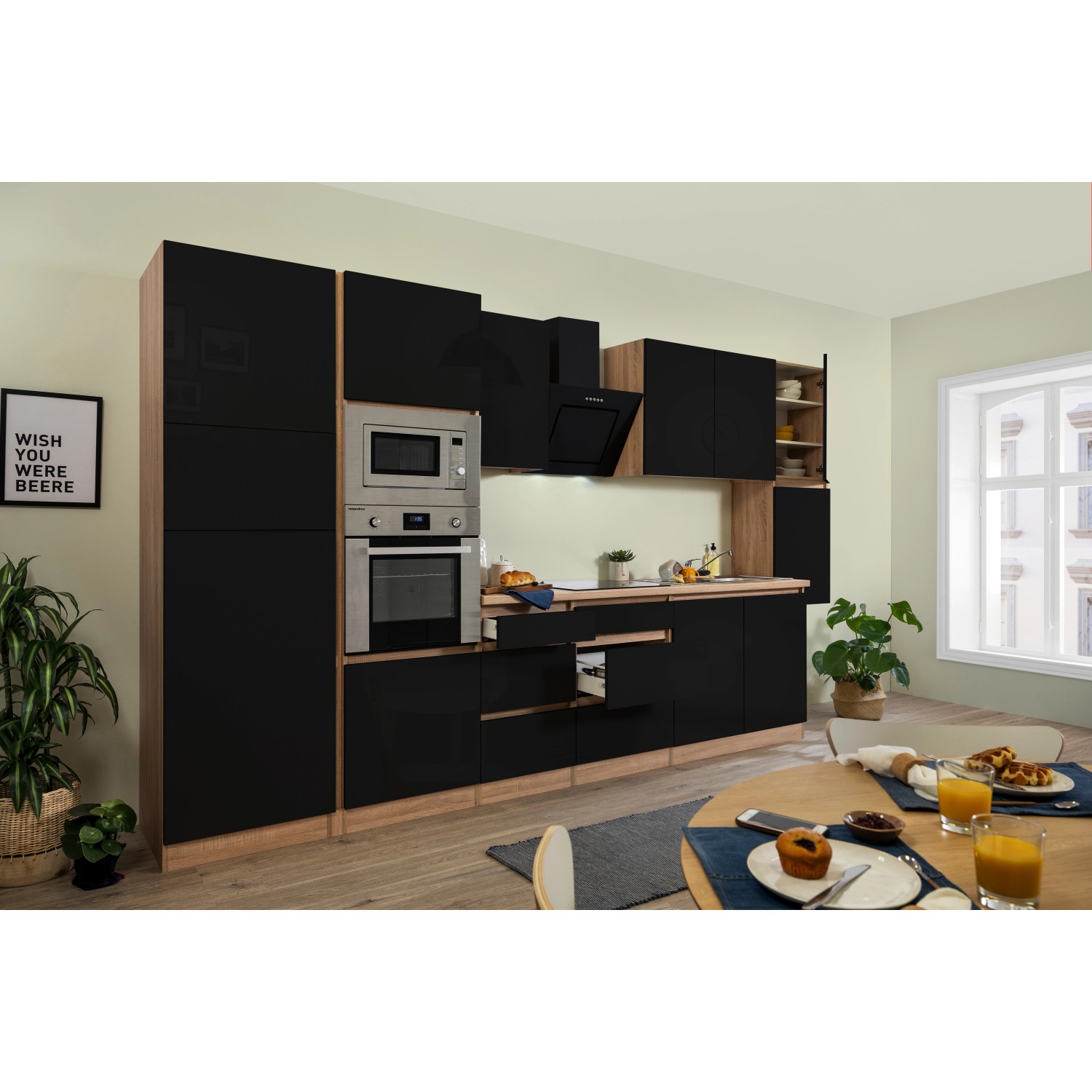 Respekta Kuchyně Lorena černá/dub 385 cm-trouba/skl.d./digestoř/lednice/mikr.