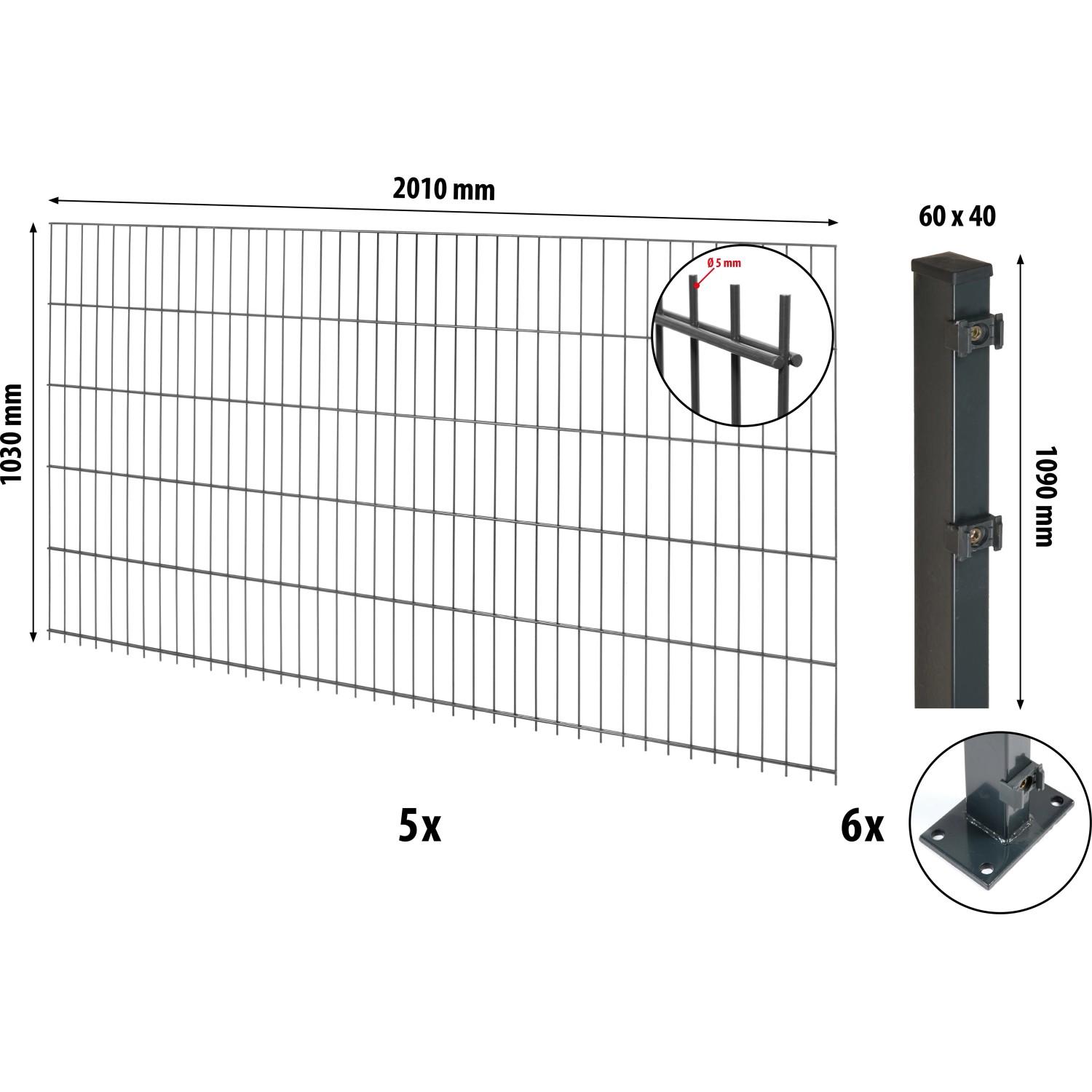 Floraworld Kompletní plotový set 2prut. sl.6x4 patka, antracit, 103 cm, 10 m
