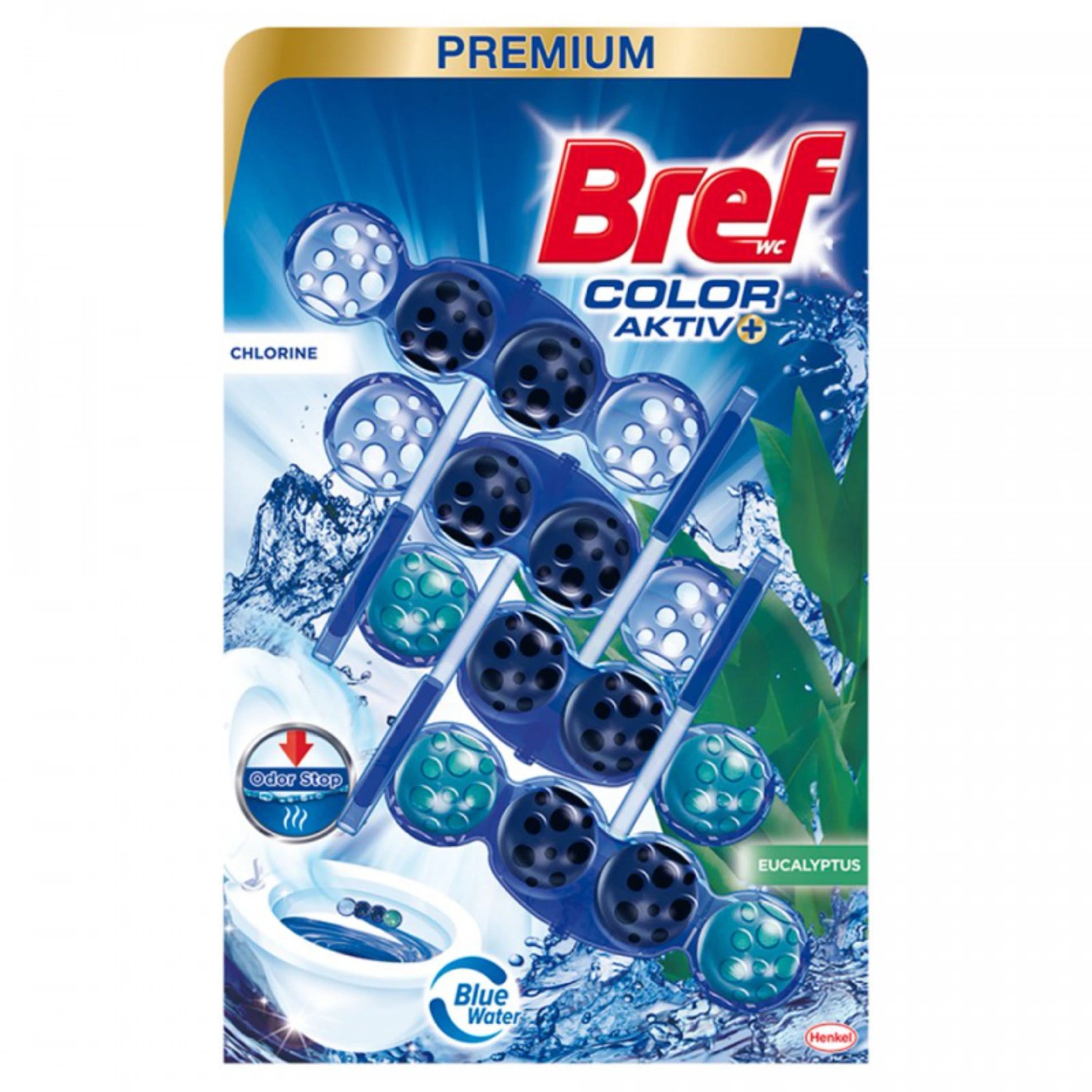 Bref Tuhý WC blok v kuličkách Color Aktiv Eucalyptus 3 x 50 g