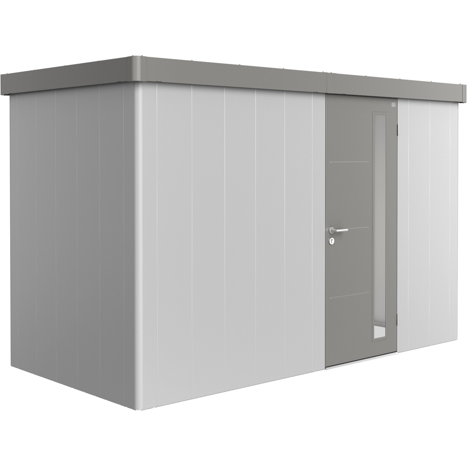 Biohort Plechový zahradní domek Neo1D 1.2 standardní dveře stříbrná 348 x 180 cm