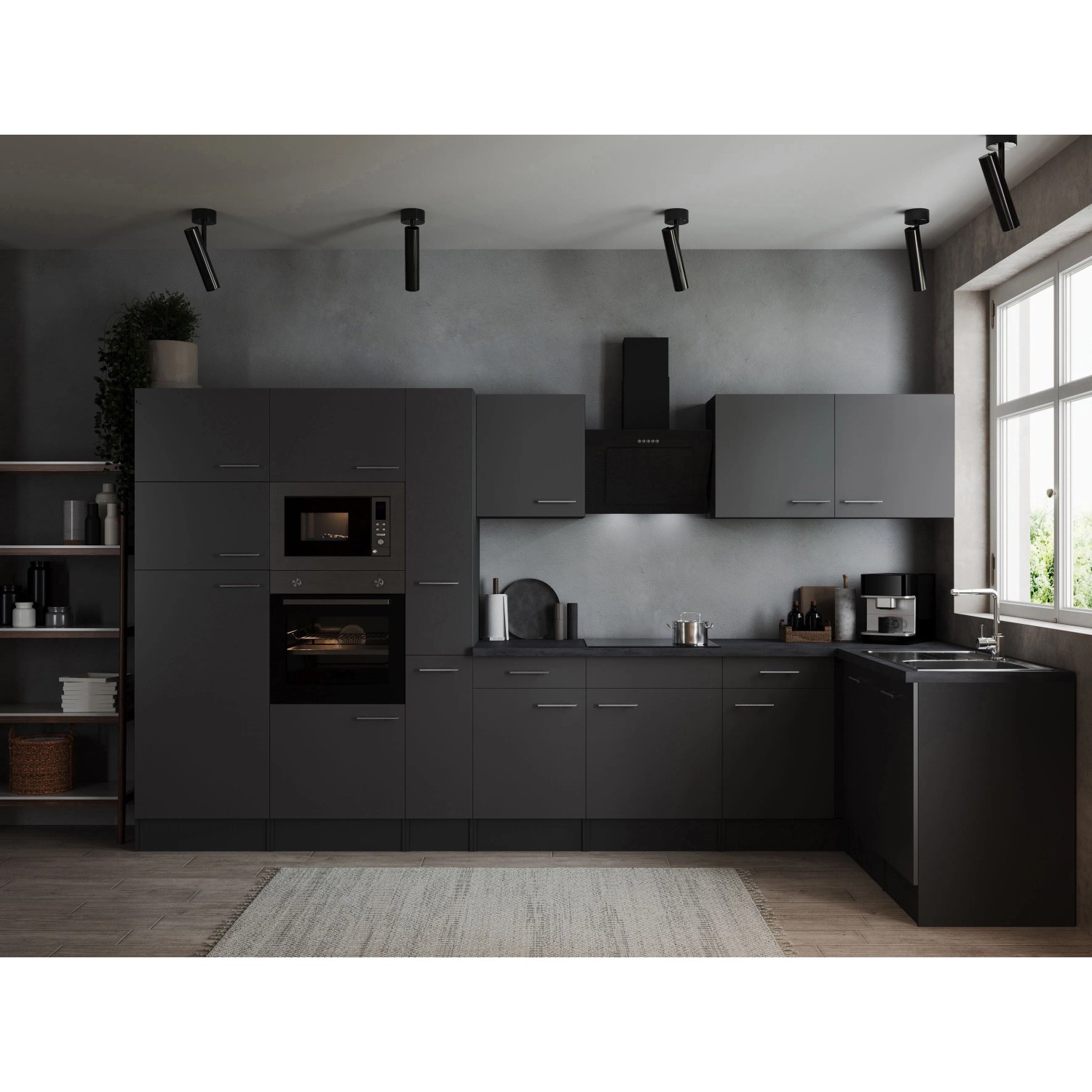 Respekta Kuchyně Oliver L šedá/žula 370 cm-trouba/skl.deska/dig./myčka/led./mik.