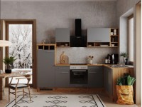 Respekta Kuchyně Hilde L šedá/dub 280 cm-trouba+sklok.d./digestoř/myčka/lednice