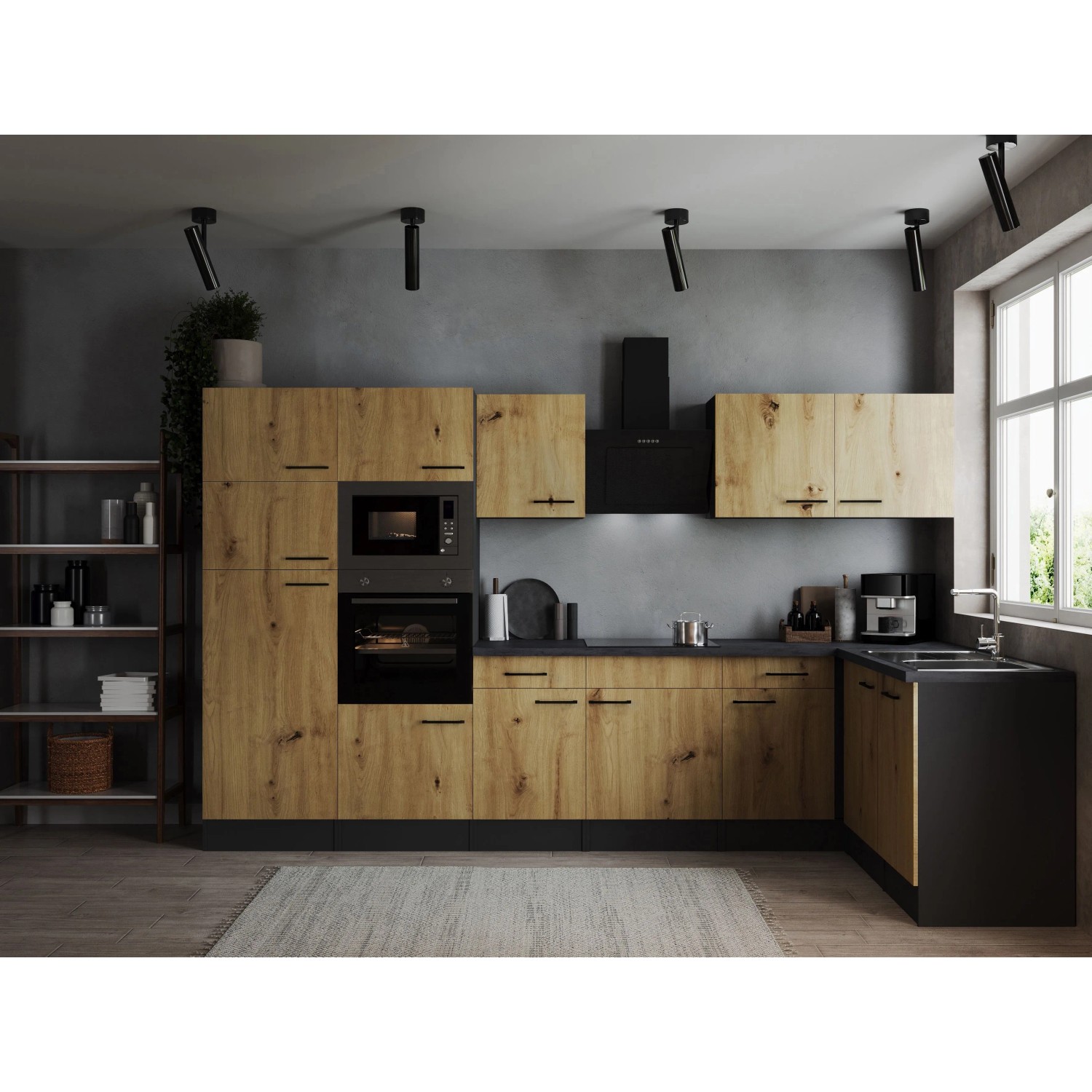 Respekta Kuchyně Oliver L dub/žula 340 cm-trouba/skl.deska/dig./myčka/led./mik.