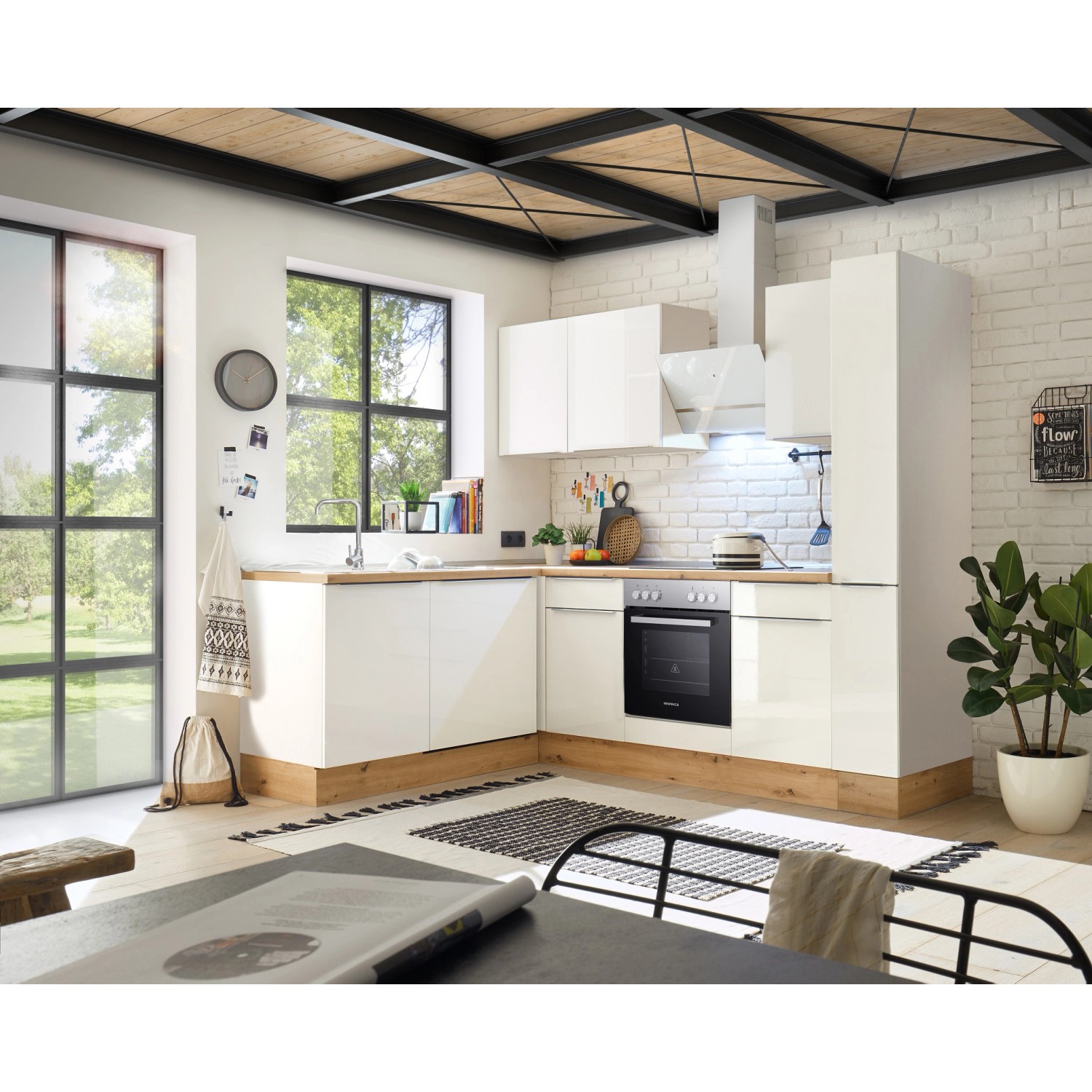 Respekta Kuchyně Marleen L bílá/bílá 250 cm-trouba+skl.deska/digestoř/myčka