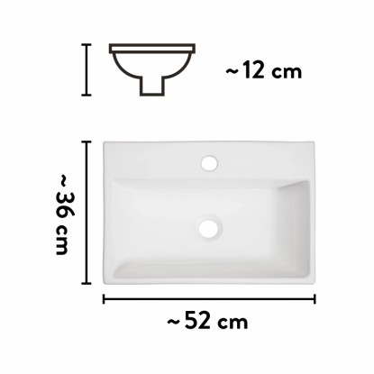 Pohled shora: Bílé, hranaté umyvadlo na desku baliv WBA-7020 s otvorem pro baterii, rozměry cca 52x36 cm.