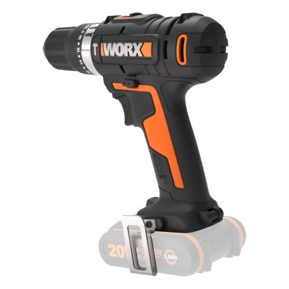 Aku rázový vrtací šroubovák Worx WX370.9 Solo, 20V, s vrtací hlavou a sponou na opasek.