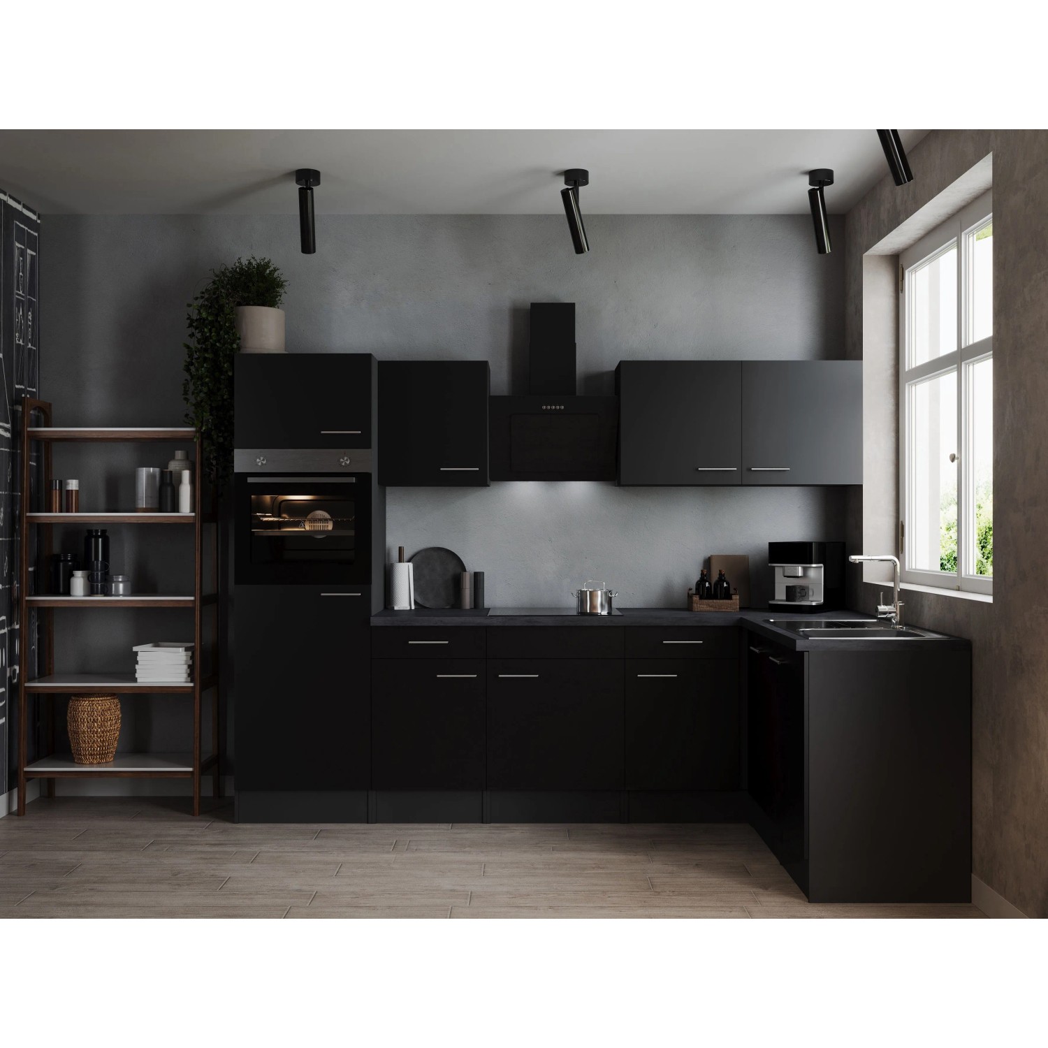 Respekta Kuchyně Oliver L černá/žula 280 cm-trouba/skl.deska/dig./myčka/led.