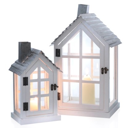 DRAGIMEX Lucerna ve tvaru domečku kovová bílá 32,5/47 cm, 2 ks