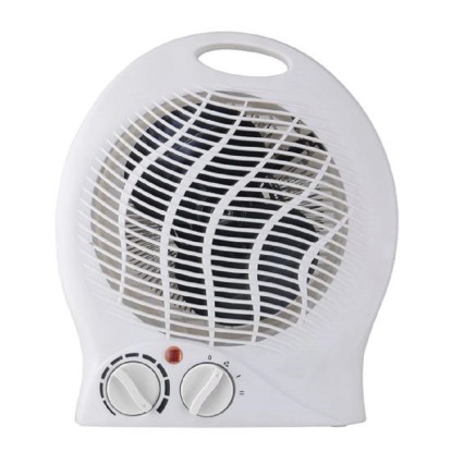 Bílý, přenosný ohřívač t.b.t. se dvěma otočnými ovladači pro teplotu a ventilátor.