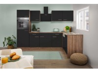 Respekta Kuchyně Oliver L černá/dub 280 cm-trouba/skl.d./digestoř/myčka/lednice