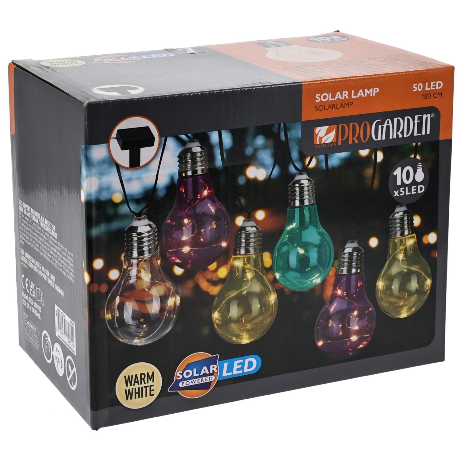 Solární světelný řetěz se žárovkami, 10x 5 LED teplá bílá, černý kabel, 180 cm
