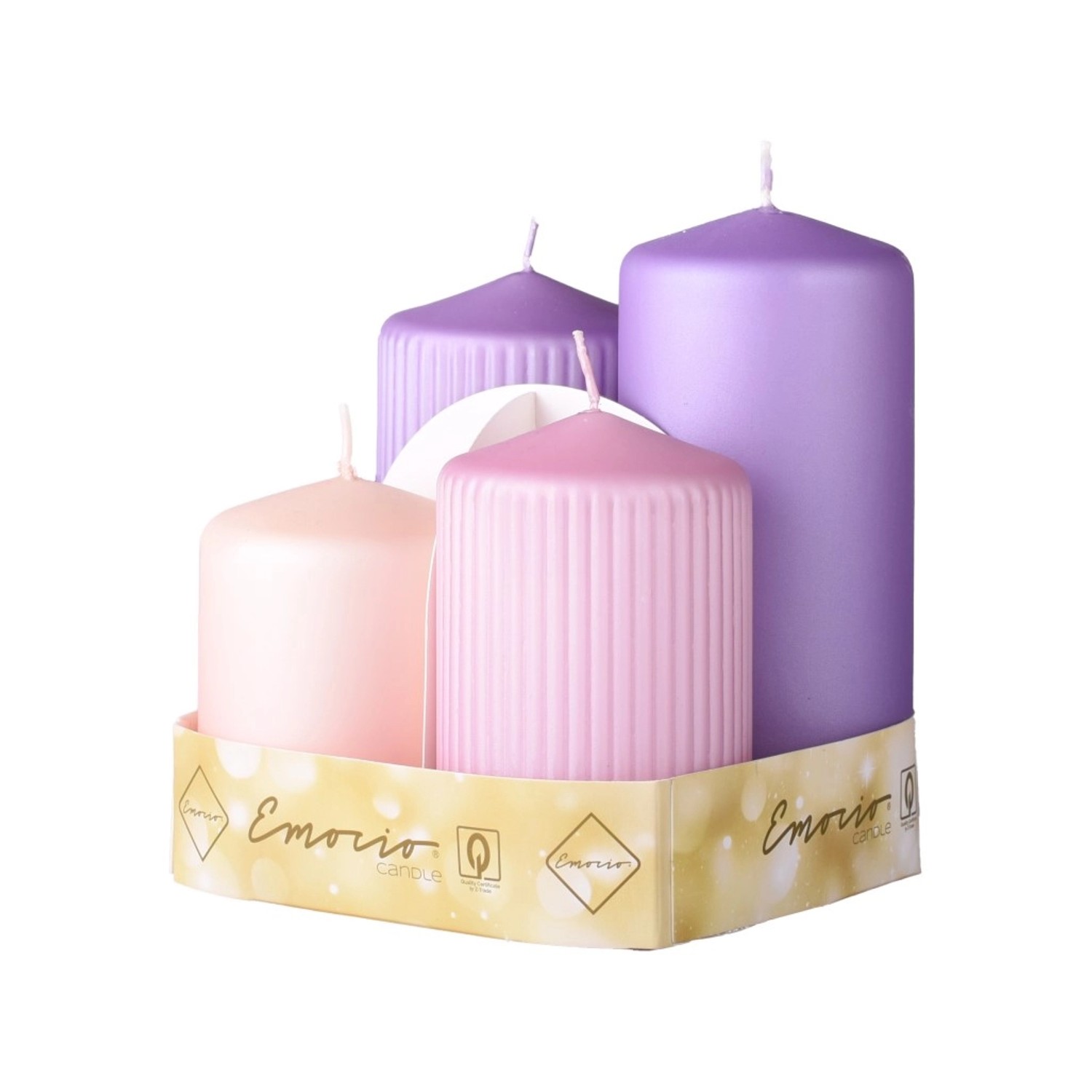 Emocio Svíčka válcová metal mat, mix fialová+růžová, 65 mm, 4 ks