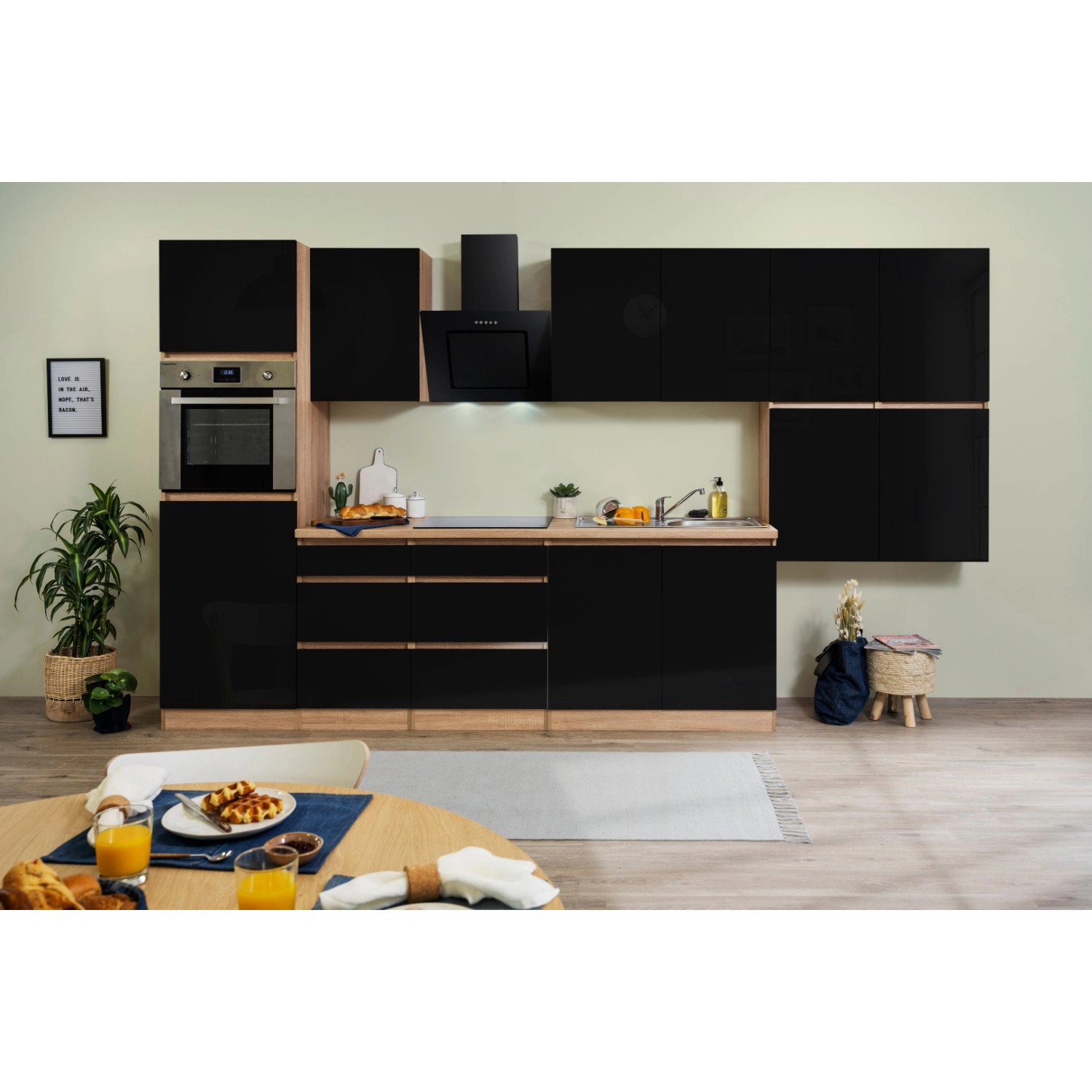 Respekta Kuchyně Lorena černá/dub 370 cm-Bez el. přístrojů