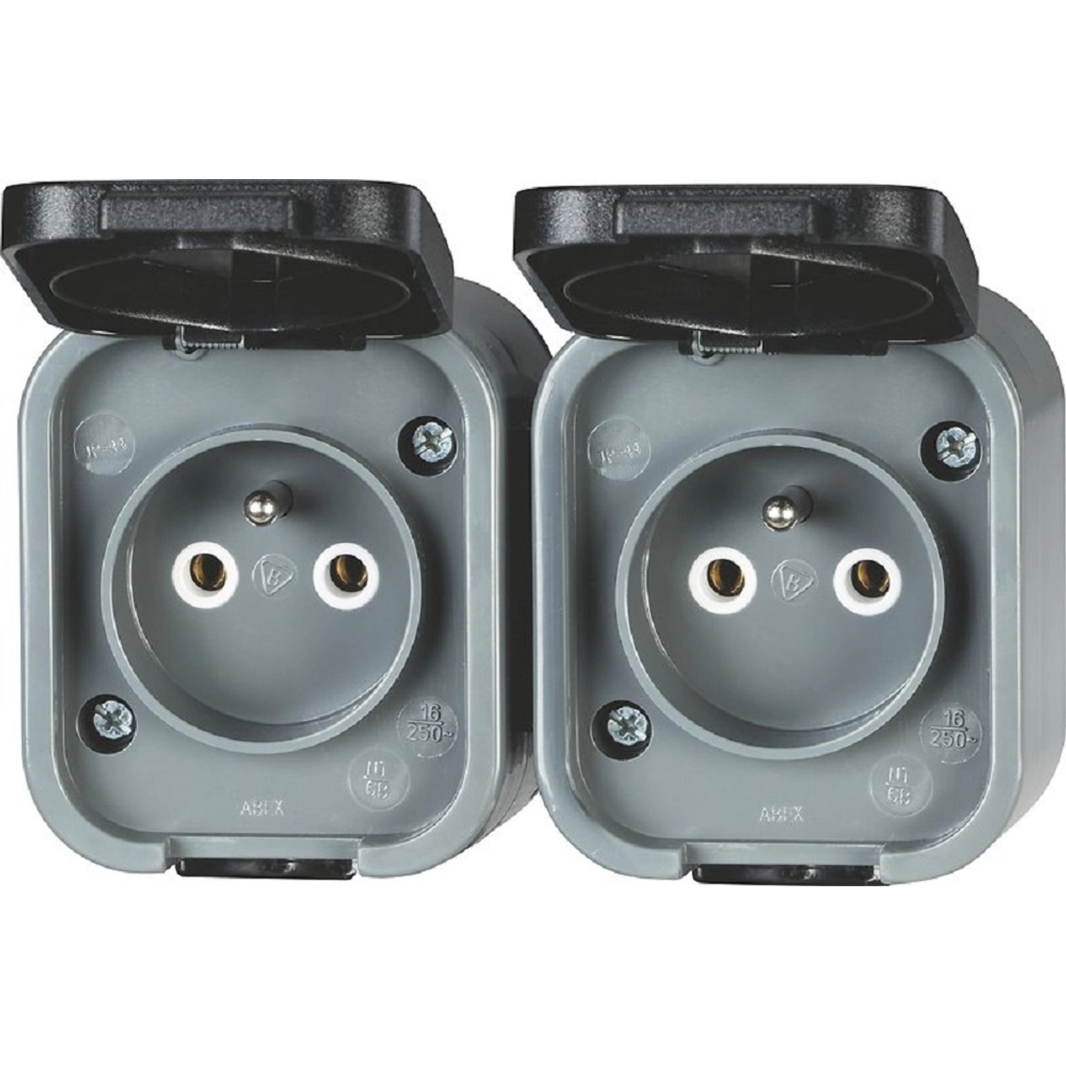 Zásuvka se středovým ochranným kontaktem dvojitá IP44 šedá