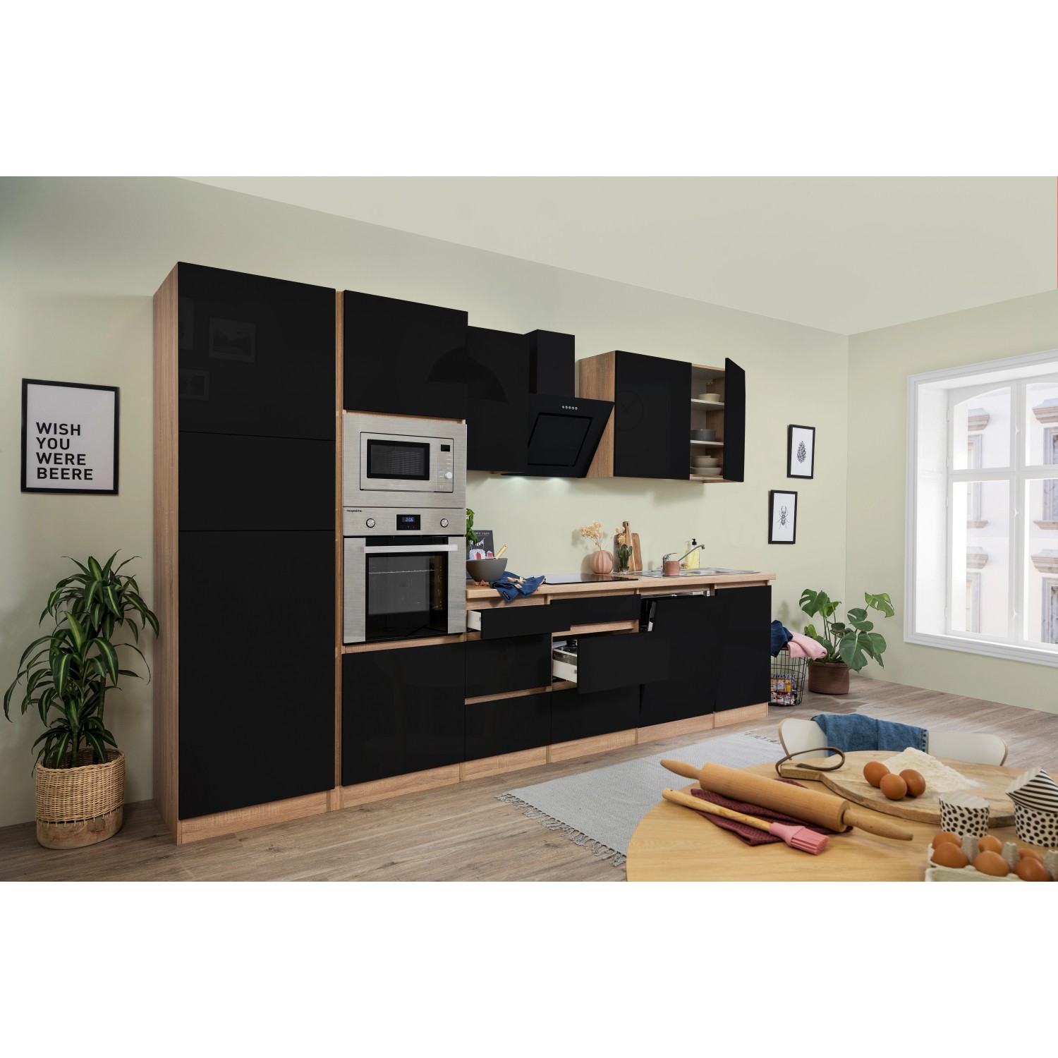 Respekta Kuchyně Lorena černá/dub 345 cm-trouba/skl.d./dig./myčka/lednice/mikr.