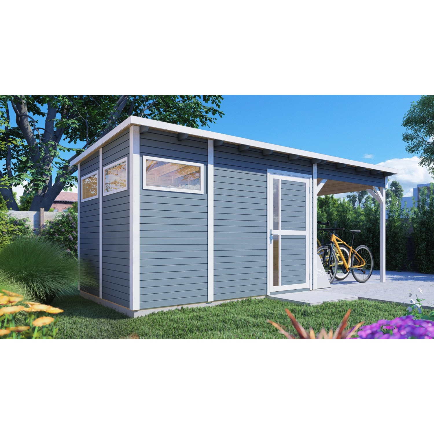 Bertilo Dřevěný domek na nářadí Pentus 3 Lounge, šedá, 559 x 234 cm