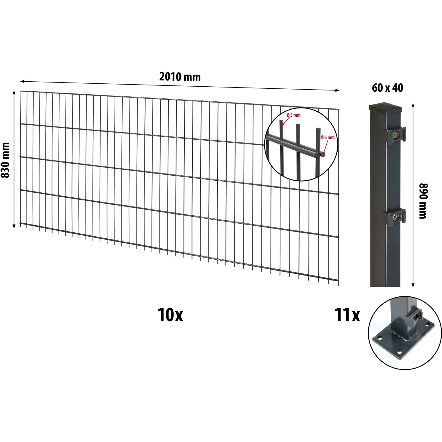 Floraworld Kompletní plotový set 2prut. sl.6x4 patka, antracit, 83 cm, 20 m