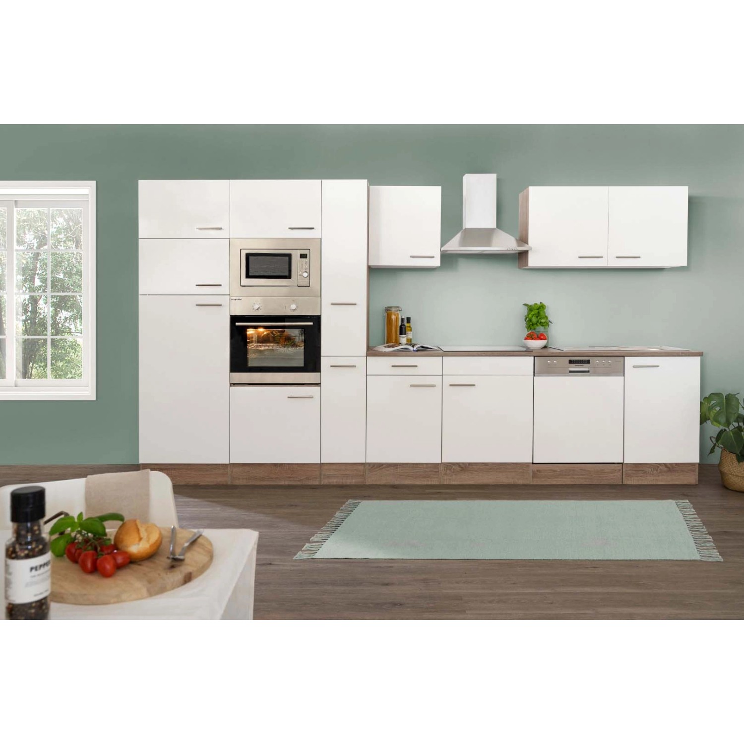 Respekta Kuchyně Oliver bílá - hedvábně lesklá/dub 370 cm - Bez el. přístrojů