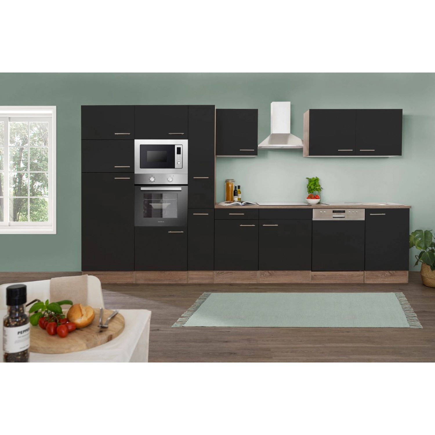 Respekta Kuchyně Oliver černá/dub 370 cm-trouba/sk.d./digestoř/myčka/lednice/mi.