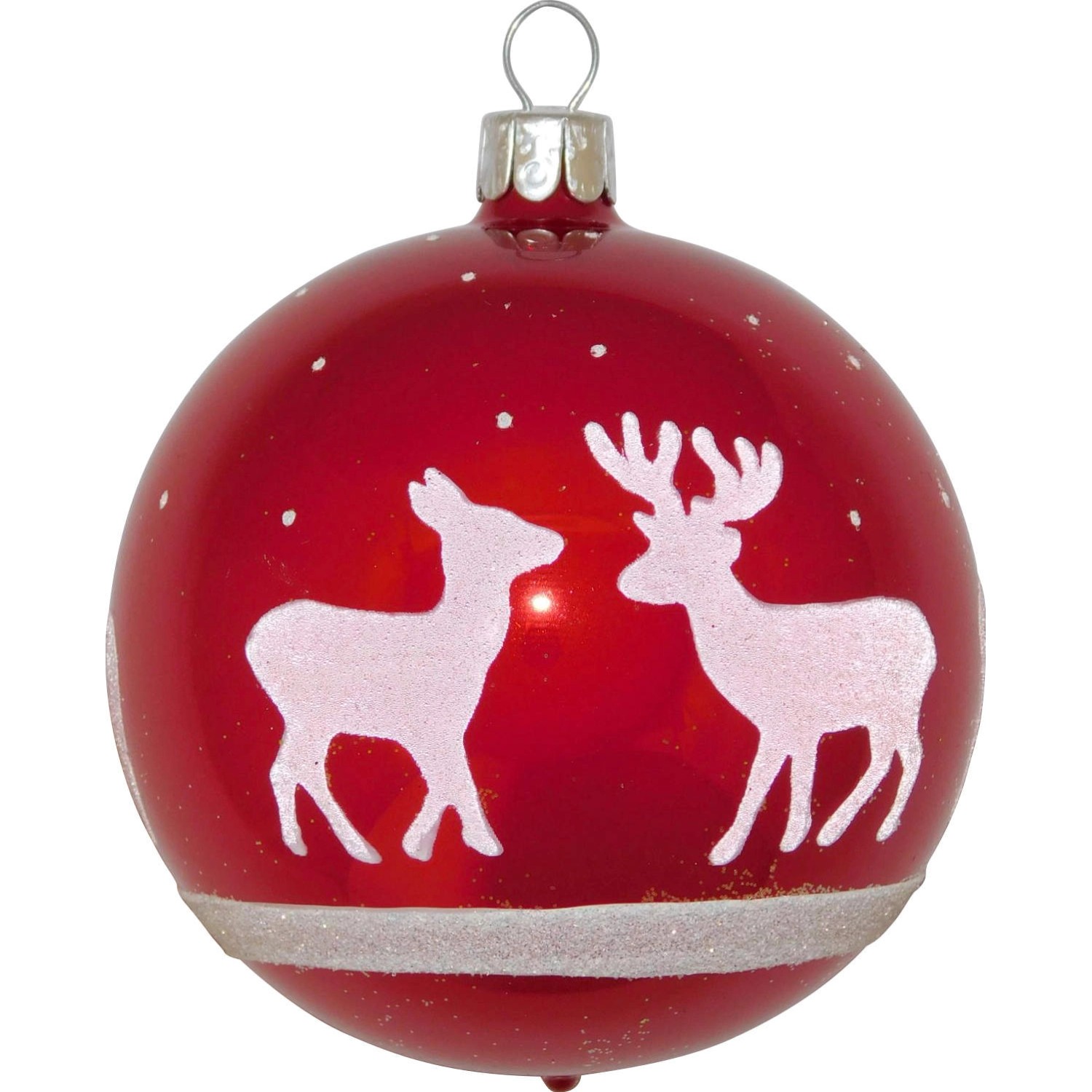 Ornex Vánoční ozdoba skleněná koule s bílými jeleny červená, 8 cm