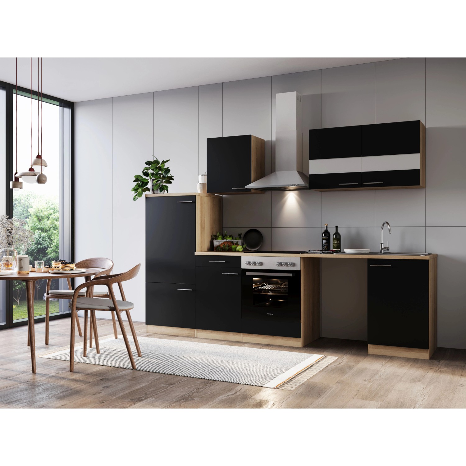 Respekta Kuchyně Merle černá/dub 280 cm-skl.deska/kom.dig/lednice/nika na pračku